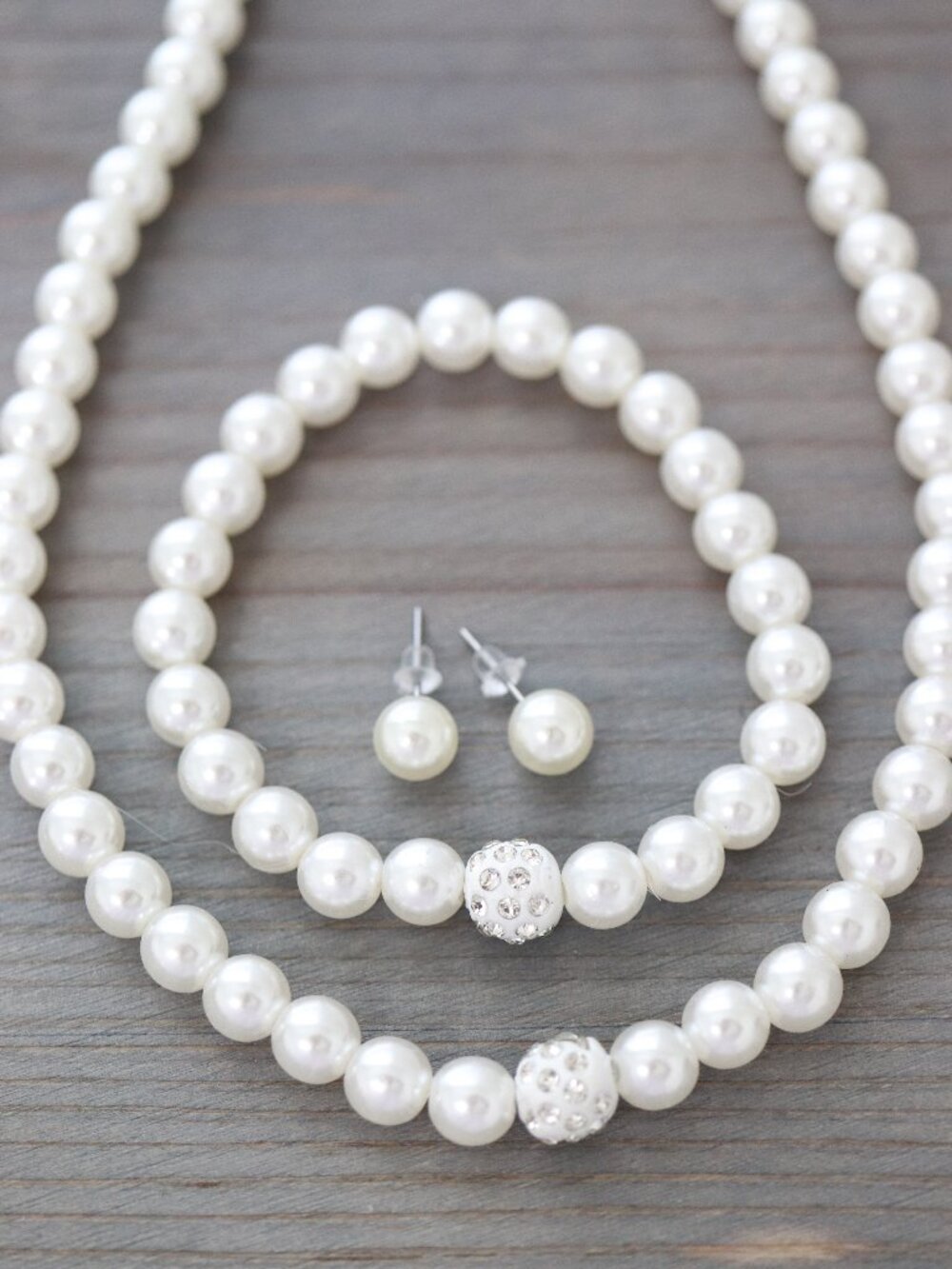 White Pearl Beads Chain Style with Rhinestones Silver Stainless Steel N/B/E Set